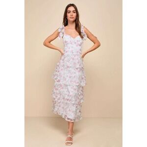 Lulus Endlessly Gorgeous White Floral Burnout Tie-Strap Midi‎ Dress Size Small